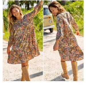 Natural Life Womens Med Tiered Anita Dress Floral Multi Color Boho Cottagecore
